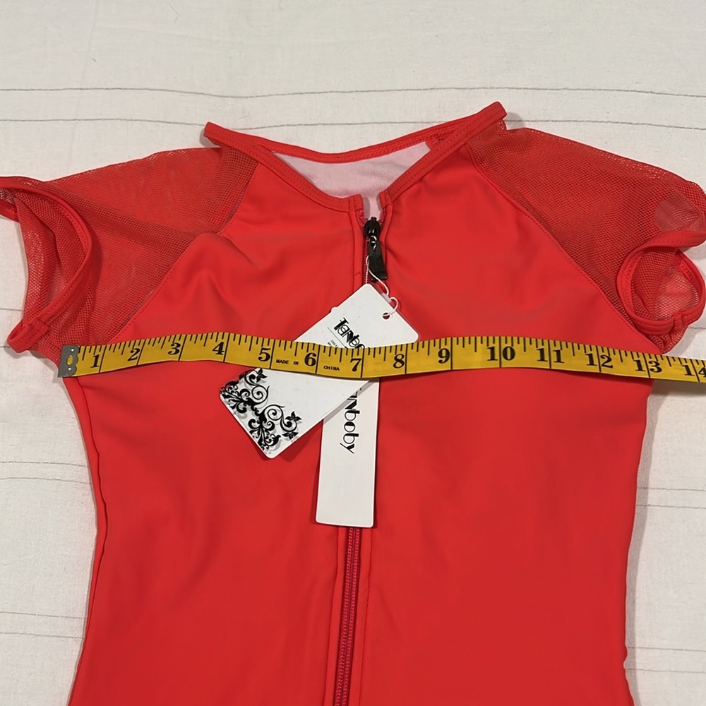 Coral/Pink Swimsuit One Piece Mesh Cap Sleeves Front Zipper Built In Bra - Picture 11 of 12